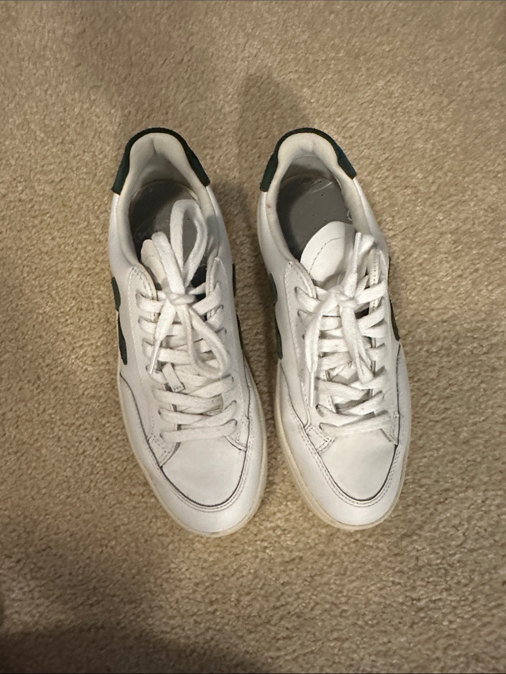 Men's White Leather Sneakers with Dark Green Accents